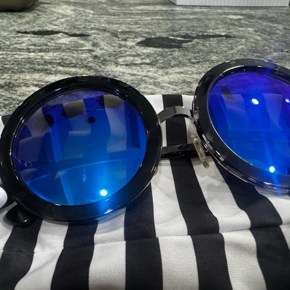 Round Black Sunglasses with Blue Lenses